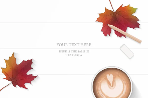 フラット レイアウト平面図エレガントなホワイト組成鉛筆消しゴム秋カエデの葉と木の床の背景にコーヒー — ストックベクタ