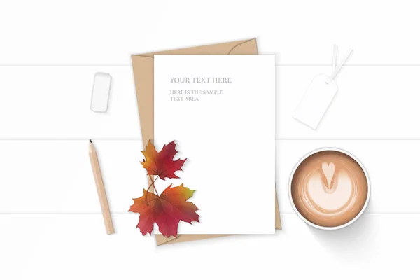 Plano Vista Superior Vista Elegante Composición Blanca Carta Kraft Papel — Vector de stock