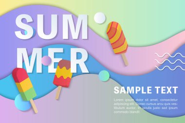 Yaz satış banner şablon 3d pastel degrade renkli buzlu çubuk dondurma eğrisi dalga hattı. Fikir için baskı ve web promosyon tasarım hem de