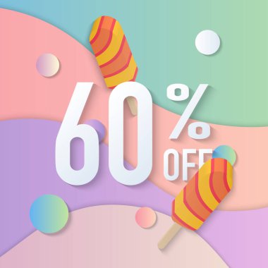Yaz satış afiş % 60 3d pastel degrade renkli buzlu dondurma eğrisi dalga hattı. Fikir için baskı ve web promosyon tasarım hem de