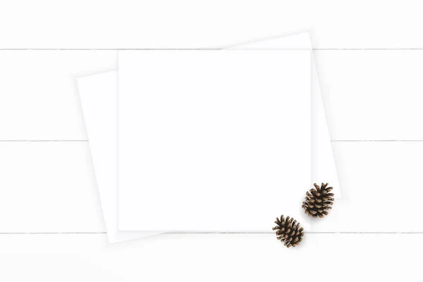 Плоский вигляд зверху елегантна біла композиція папір коричневий сосновий конус — стокове фото