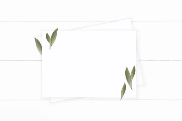 Plano laico vista superior elegante blanco composición papel naturaleza hoja en —  Fotos de Stock