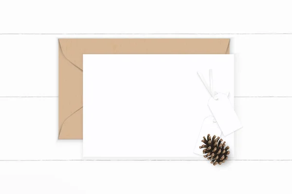 Flat lay top view elegant white composition letter kraft paper e — Stock Photo, Image