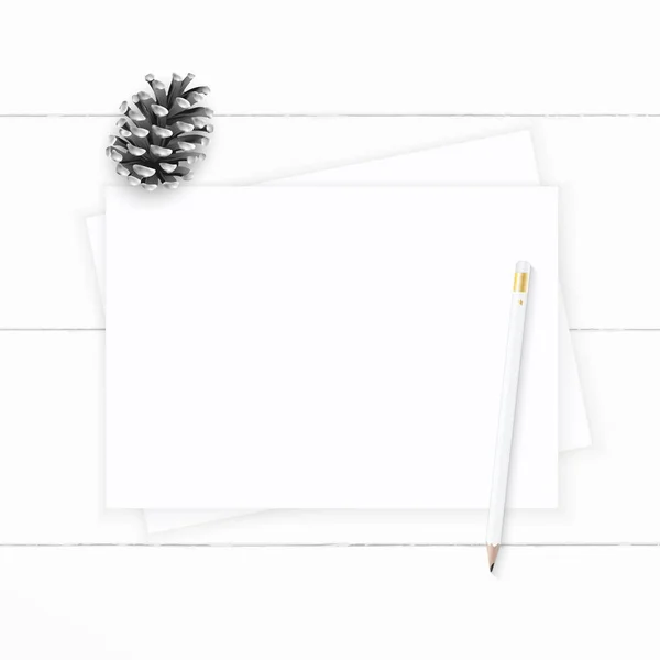 Flat lay top view elegant white composition paper pine cone and — Stock Photo, Image