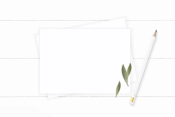 Flat lay vista superior elegante composição branca papel natureza folha um — Fotografia de Stock
