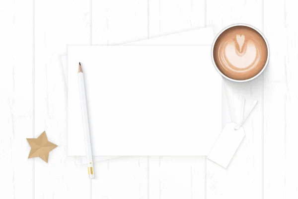 Плоский вид сверху элегантная белая композиция бумага кофе карандаш — стоковое фото
