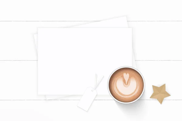 Flat lay top view elegant white composition paper coffee tag and — Stock Photo, Image