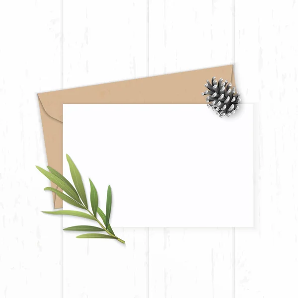 Flat lay top view elegant white composition letter kraft paper e — Stock Photo, Image