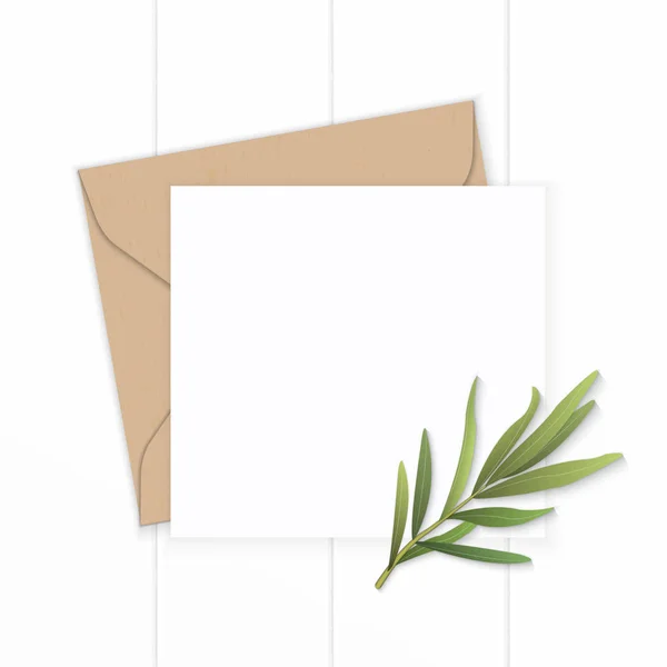 Flat lay vista superior elegante composição branca carta papel kraft e — Fotografia de Stock