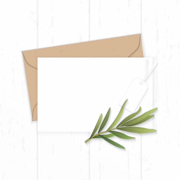 Flat lay top view elegant white composition letter kraft paper e — Stock Photo, Image