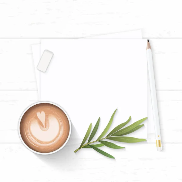 Flat lay top vue élégante composition blanche papier café boisson ta — Photo