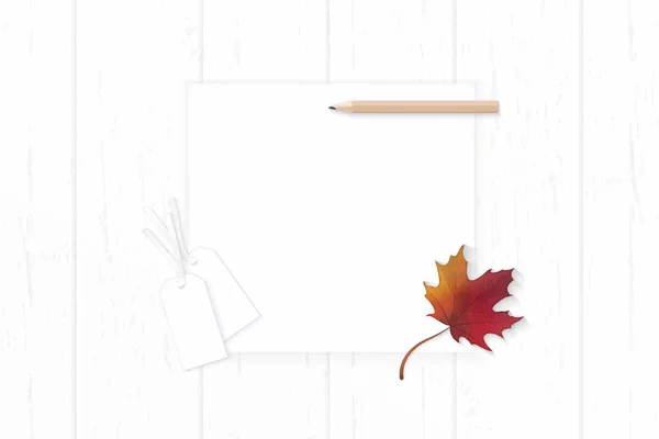 Lapos laikus felülnézet elegáns fehér kompozíció papír ősz piros megjelenítése — Stock Fotó