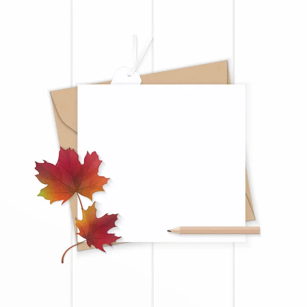 Plano laico vista superior elegante blanco composición carta kraft papel e —  Fotos de Stock