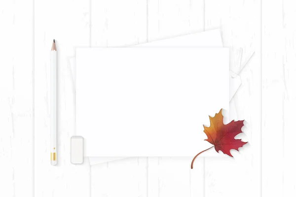 상위 뷰 우아한 흰색 구성 연필 지우개 태그 평평 하다는 — 스톡 사진