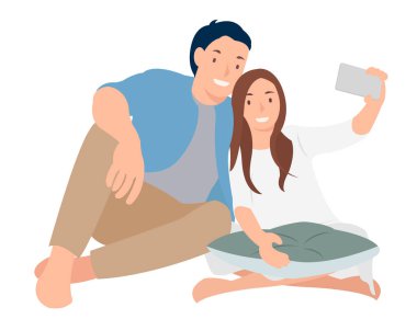 Çizgi film insanların karakter tasarım selfie sevgilisiyle, genç Çift 