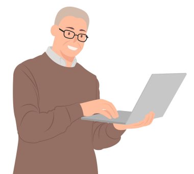 Komuta sizde lapto tutan gülümseyerek tasarım karikatür insanlar karakter