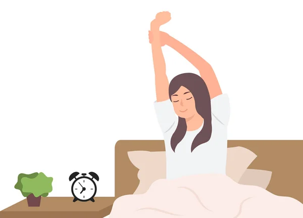 Dibujos animados diseño de personajes mujer estiramiento después de dormir res — Vector de stock