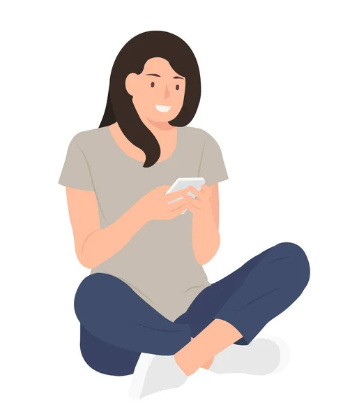 Cartoni animati persone personaggio di design giovane donna utilizzando il telefono cellulare w — Vettoriale Stock