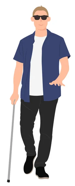 Dibujos animados diseño de personajes ciego joven caminar con un paseo — Vector de stock