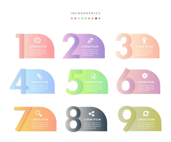 Diseño de infografía vectorial plantilla de interfaz de usuario gradiente colorido 9 número — Archivo Imágenes Vectoriales