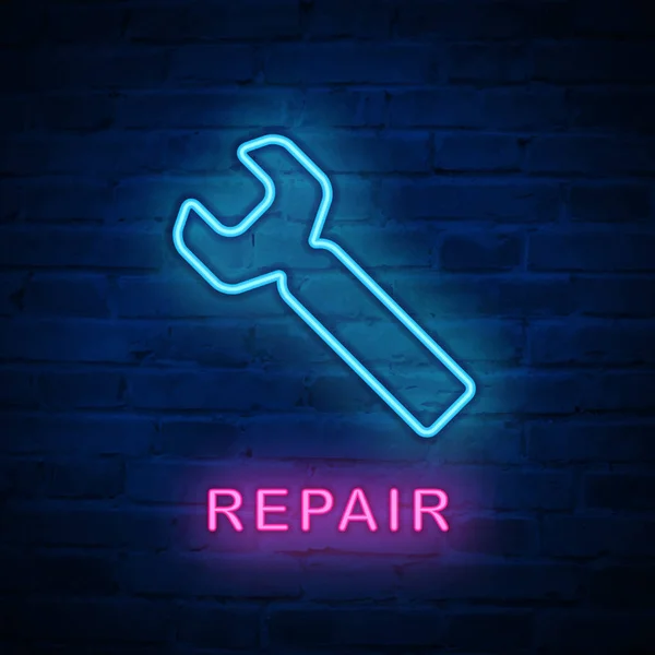 Vetor iluminado neon luz ícone sinal chave de reparação — Vetor de Stock