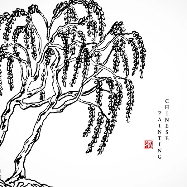 Acuarela tinta pintura arte vector textura ilustración árbol fondo. Traducción para la palabra china: Bendición — Archivo Imágenes Vectoriales