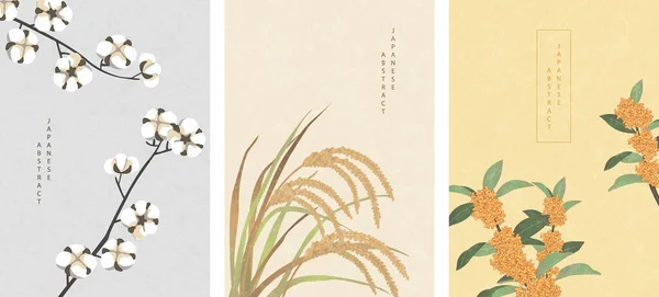 オリエンタル和様抽象柄背景デザイン自然植物米の綿の耳とオスマンサスの花 — ストックベクタ