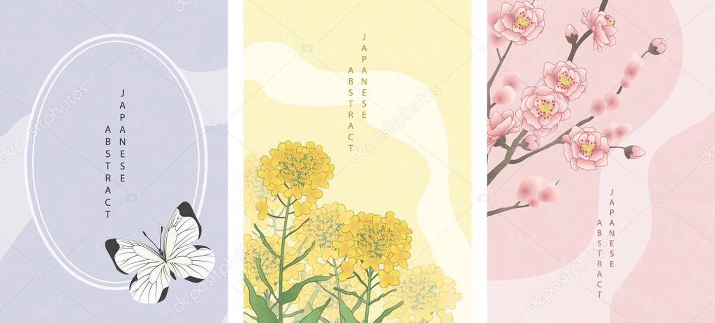 Oriental Japanese style abstract pattern background design nature flower insect frame template butterfly and peach blossom golden cole flower