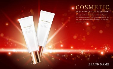 Vektör 3D makyaj malzemesi. Parlak kırmızı arkaplanlı resimli ürün özü tüpü.