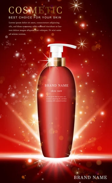 Vector Cosmetische Make Illustratie Product Shampoo Fles Met Glanzende Rode — Stockvector