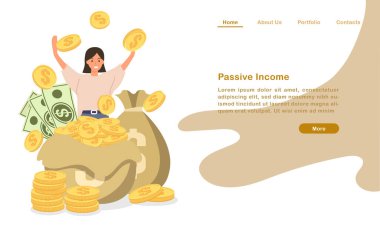 Web sitesi iniş sayfası şablonu para yığını ve dikkatsiz pasif gelirli insanlar tezahürat yapıyor.