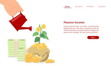 Web sitesi iniş sayfası şablonu çizgi film yatırımı ve pasif gelir konsepti yığınlarınızı yeşil yapraklı para ve fatura büyütmek