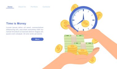 Web sitesi iniş sayfası şablonu para konsepti altın para ve saat