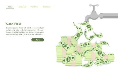 Web sitesi iniş sayfası şablonu karikatür su musluğu para akışı konseptini düşürüyor