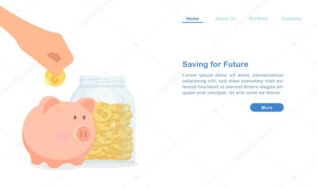 Website landing page template cartoon saving money for future concept money pig and golden coin glass bottle