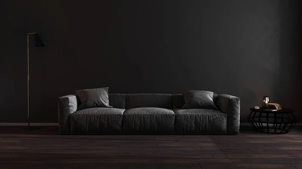 Luxe Donkere Woonkamer Interieur Met Grijze Sofa Mock Moderne Interieur — Stockfoto
