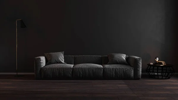 Lüks karanlık oturma odasının içi gri kanepe modellemesi, modern iç plan, boş siyah duvar modeli, 3D illüstrasyon.