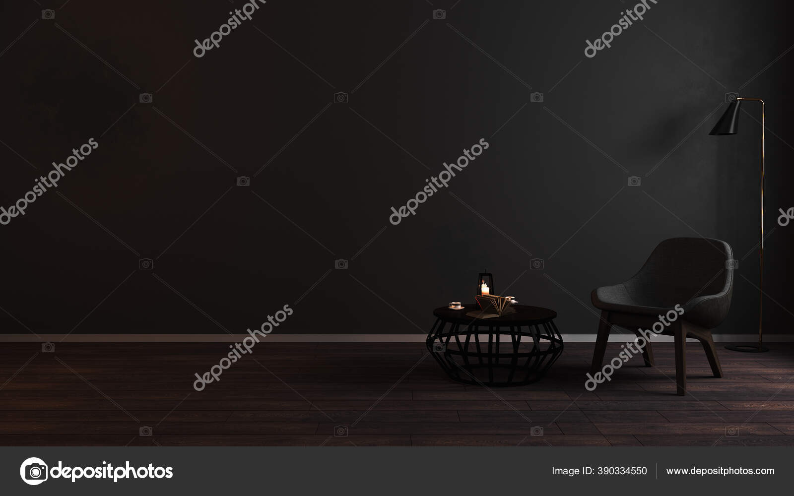 Modern Luxury Dark Living Room Interior Background Grey Armchair Night