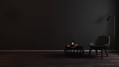 Modern lüks, karanlık oturma odası arka planı, gece ışığında gri koltuk, karanlık oda iç mimarisi, siyah, boş duvar maketi, klasik oturma odası modeli, 3D çizimi.
