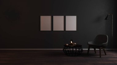 Boş dikey çerçeveler, lüks, karanlık oturma odasının arka planında, gece ışığında gri koltuklar, boş çerçeveli lüks oturma odaları, 3D görüntüler.