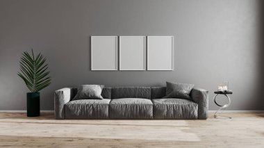 Parlak modern oturma odasında boş poster çerçeveleri gri kanepe, yeşil bitki ve ahşap kaplamalı kahve masası. İskandinav tarzı, rahat bir iç mekan. Parlak, şık bir oda. 3d hazırlayıcı