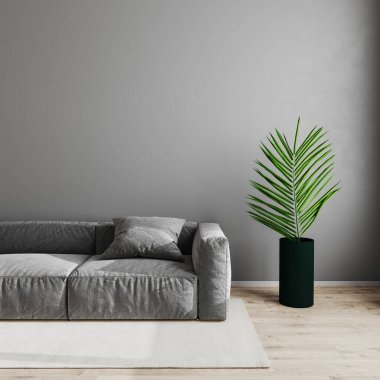 Modern oturma odası arka planı, İskandinav tarzı oturma odası ahşap kaplama zeminde gri kanepe ve yeşil bitki, boş gri duvar modeli, 3D çizim.