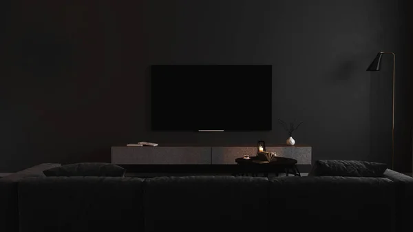 Blank TV screen in modern dark interior with gray sofa in darkness mock up, front view. TV in living room interior background, empty TV display template, 3d render