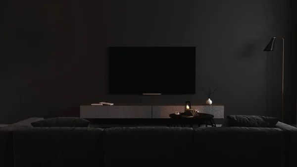 Boş TV ekranı, modern karanlık iç mekan, gri kanepe, karanlıkta ön manzara. Oturma odasının arka planında televizyon, boş TV görüntü şablonu, 3D görüntüleme