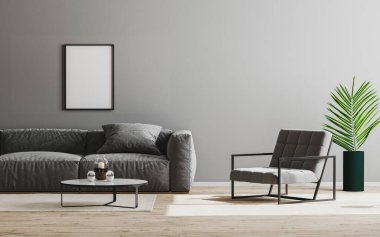 boş çerçeve modeli modern oturma odasının iç planında gri renkli kanepe ve koltuk, gri duvar ve ahşap döşeme, oda iç tasarımı, 3D