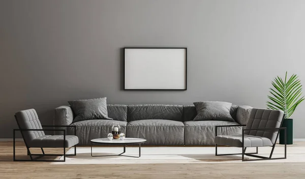 Boş siyah yatay çerçeve, modern minimalist oturma odasının içinde gri kanepe, koltuk ve kahve masası, oturma odası iç fonu, İskandinav tarzı, 3D görüntüleme