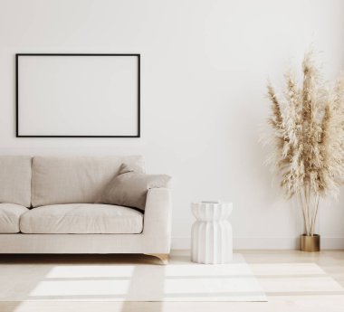 Boş yatay poster çerçevesi modern oturma odasının arka planında biege renkleri, sehpalı kanepe ve ahşap zeminde kurutulmuş çiçekler, İskandinav tarzı, 3D görüntüleme.
