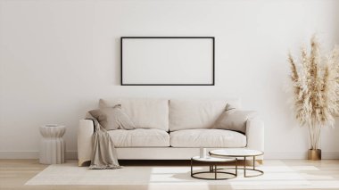 Boş yatay poster çerçevesi İskandinav tarzı oturma odası iç dekorasyonu, modern oturma odası iç fonu, bej kanepe ve pampas çimeni, 3D işlemeli.