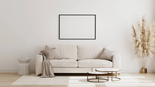 Boş yatay poster çerçevesi İskandinav tarzı oturma odası iç dekorasyonu, modern oturma odası iç fonu, bej kanepe ve pampas çimeni, 3D işlemeli.