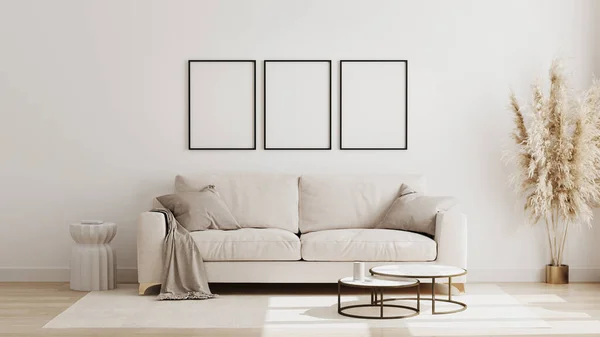 Boş poster çerçevesi İskandinav tarzı oturma odası iç dekorasyonu, modern oturma odası arka planı, bej kanepe ve pampas çimeni, 3D işleme